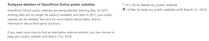 Office365 Public Website Postponement